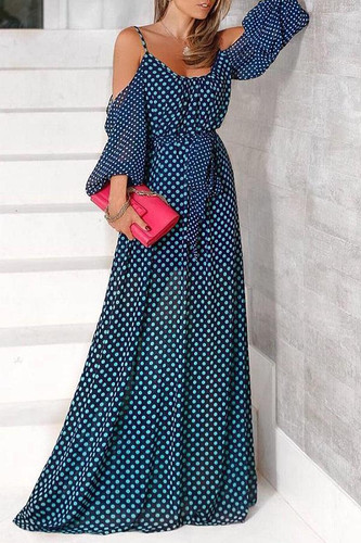 Polka Dot Cold Shoulder Beach Casual Maxi Dress