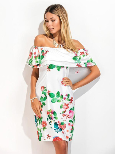 Printed Falbala Off Shoulder Midi Dress Printed Falbala Off Shoulder Midi Dress