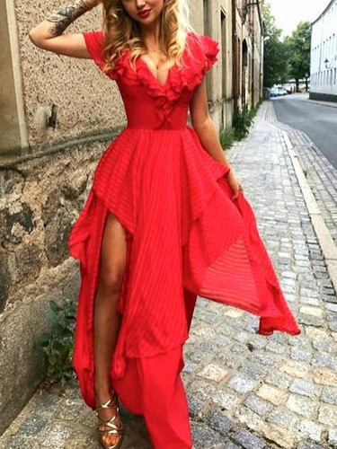 Red V Neck Irregular Maxi Dress