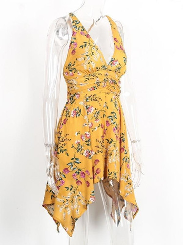 Sexy Yellow Floral Bohemia Deep V Neck Mini Dress