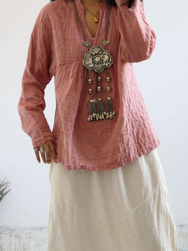 Solid Color Long Sleeve Linen Cotton Loose Tops Blouse Solid Color Long Sleeve Linen Cotton Loose Tops Blouse