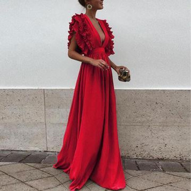 Solid Color Deep V Neck Backless Maxi Dress