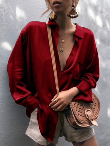 Casual Sexy Fashion Solid Color Loose Long Sleeve Shirt Tops