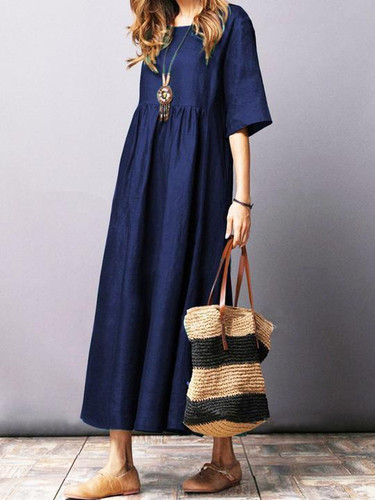 Solid Color Short Sleeve Loose Casual Maxi Dress