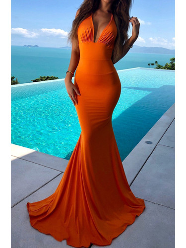 Solid Color V Neck Sleeveless Beach Evening Maxi Dress