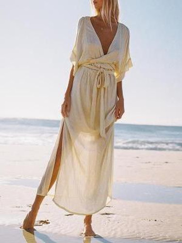 Spring And Summer Deep V-Neck Short-Sleeved Beach Maxi Dress