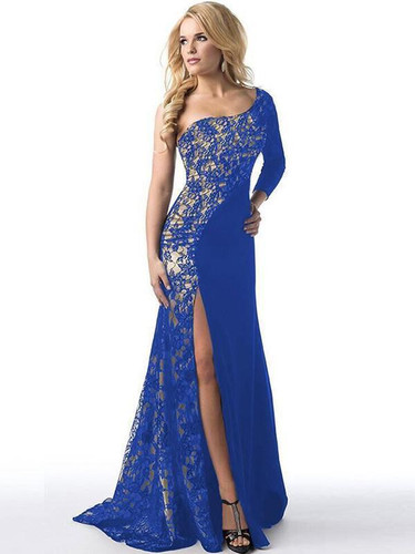 Lace Split Joint One-Shoulder Backless Split-side Floor Maxi Dress