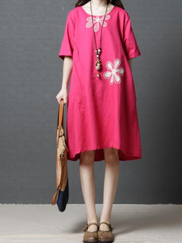 Linen Cotton Short Sleeve Loose Pockets Dress Linen Cotton Short Sleeve Loose Pockets Dress