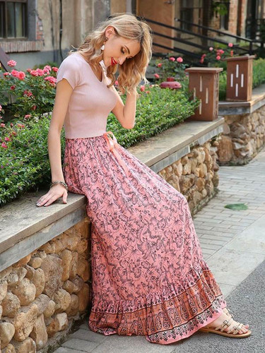 Boho Falbala Printed Elasticity Waist Skirts Bottom