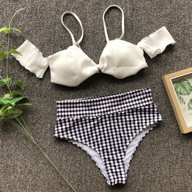Sexy High Waist Off Shoulder Dot Print Bikinis Split Swimsuit Sexy High Waist Off Shoulder Dot Print Bikinis Split Swimsuit