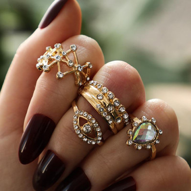 Boho 4Pcs Triangle with Diamond Drop Color Gemstone Eye Geometry Ring Set Boho 4Pcs Triangle with Diamond Drop Color Gemstone Eye Geometry Ring Set