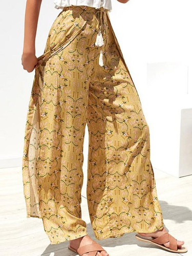 Casual Summer Beach High Waist Wide Leg Pants Split Trousers