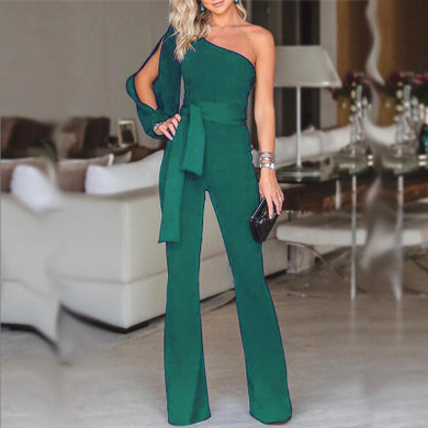 Sexy Solid Color One Shoulder Belted Jumpsuit Romper
