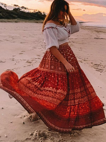 Boho Floral Print A-Line Beach Maxi Skirt