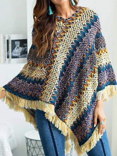 Boho Knitted Pullover Sweater Tassels Shawl Scarf