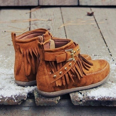 Casual Buckle Tassels Round Toe  Side Zipper Ankle Boots