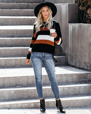 Loose Button Detailed Striped Knit Round Collar Sweater
