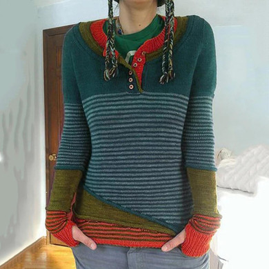 Vintage V-Neck Striped Long Sleeve Knitted Pullover Winter Warm Sweater
