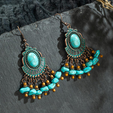 Vintage Metal Blue Stone Dangle Drop Earring Tribal Jewelry