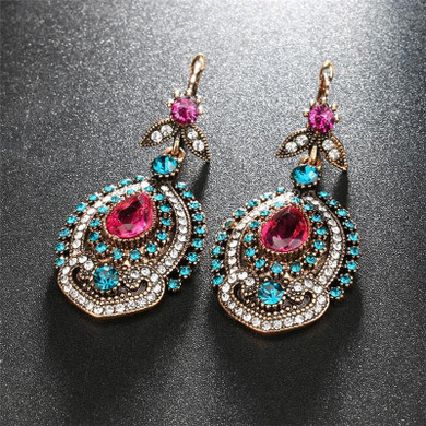 Restro 2Pcs Red Jewelry Sets Antique Gold Pink Crystal Wedding Party Jewelry