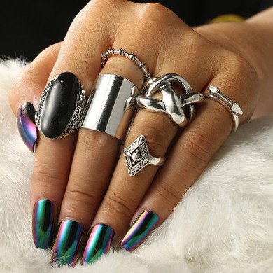 Exaggerated Big Black Stone Boho Antique Silver Knuckle Rings Set