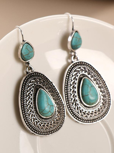 Vintage Silver Turquoise Drop Dangle Hooks Earrings Jewelry