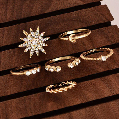 Boho 6pcs Rhinestone Jewelry Midi Knuckle Moon Star Finger Ring Set