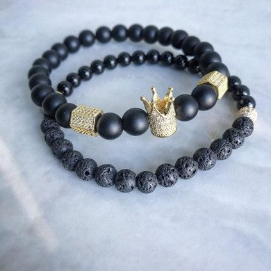 2pcs/set Men Woman Bead Bracelet Crown Charm Bangle Natural  Beads Buddha Bracelet for Women and