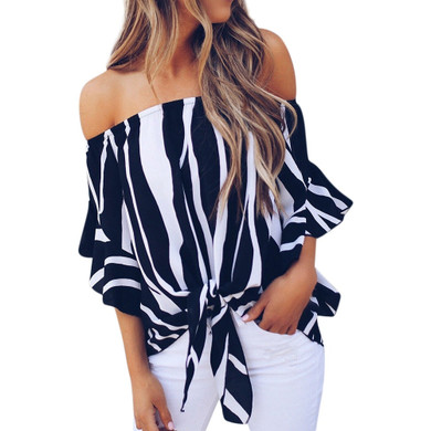 VenusFox Womens Casual Chiffon Striped off shoulder top VenusFox Womens Casual Chiffon Striped off shoulder top