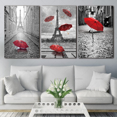 Home Black and White Eiffel Tower with Red umbrella on Paris Street