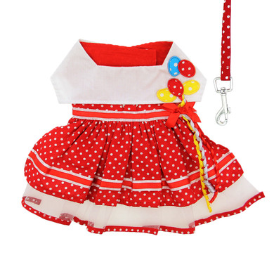 Red Polka Dots & Balloons Harness Party Dress with matching Leash