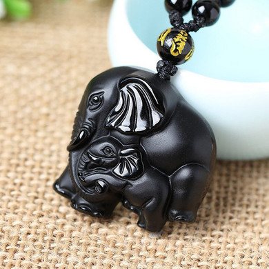 Wealth Lucky Elephant Black Obsidian Necklace