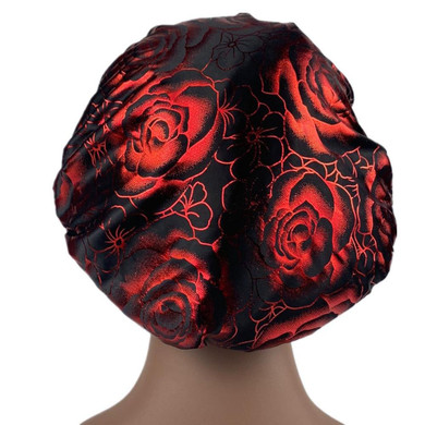 Black Red Rose Print Silky Bonnet
