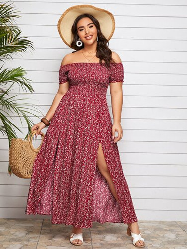 Plus Off Shoulder Shirred Split Ditsy Floral Dress