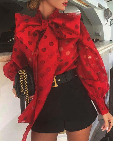 Lantern sleeve top with polka dots