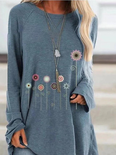 Women's T-shirt Floral Animal Flower Long Sleeve Round Neck Tops Basic Top White Black Blue