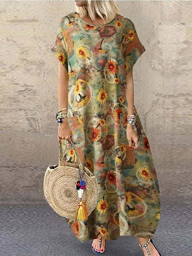Women's Swing Dress Maxi long Dress - Short Sleeve Floral Patchwork Print Summer Fall Work Casual Cotton Blue Red Yellow S M L XL XXL 3XL 4XL 5XL
