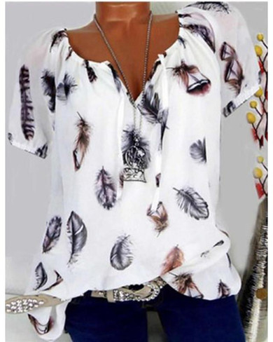 Women's T-shirt Print Graphic Feather V Neck Tops Basic Top White Black Blue-832 Women's T-shirt Print Graphic Feather V Neck Tops Basic Top White Black Blue-832
