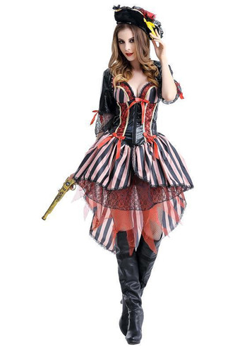 BFJFY Women Pirate Stripe Costume Halloween Cosplay Outfit