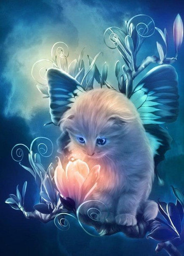 5D DIY Diamond Painting Fairy Cat w Magic Flower Bloom - Craft Kit