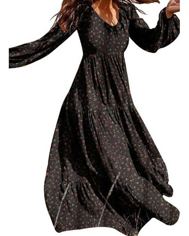 Women's Swing Dress Maxi long Dress - Long Sleeve Floral Patchwork Print Spring Fall Casual Black Green Beige S M L XL XXL 3XL