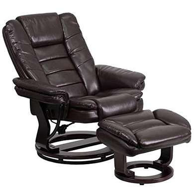 Flash Furniture Contemporary Multi-Position Recliner with Horizontal Stitching and Ottoman with Swivel Mahogany Wood Base in Brown LeatherSoft