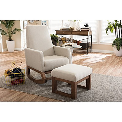 Baxton Studio Yashiya Mid Century Retro Modern Fabric Upholstered Rocking Chair and Ottoman Set, Light Beige
