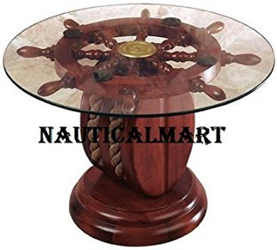 24" Glass Ship Wheel Decorative Table by NAUTICALMART