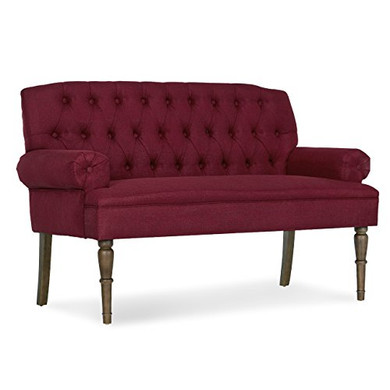 BELLEZE Mid-Century Upholstered Wood Legs, Vintage Sofa Settee Bench with Linen Fabric Button Tufted, Burgundy BELLEZE Mid-Century Upholstered Wood Legs, Vintage Sofa Settee Bench with Linen Fabric Button Tufted, Burgundy