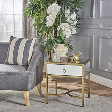 Christopher Knight Home Siryen Modern Mirror Finished Side Table with Gold Iron Accents, Clear / Gold