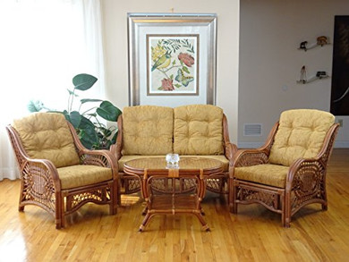 Malibu Lounge Set of 4: 2 Natural Rattan Wicker Chairs, Loveseat with Light Brown Cushion and Coffee Table w/Glass Handmade, Colonial