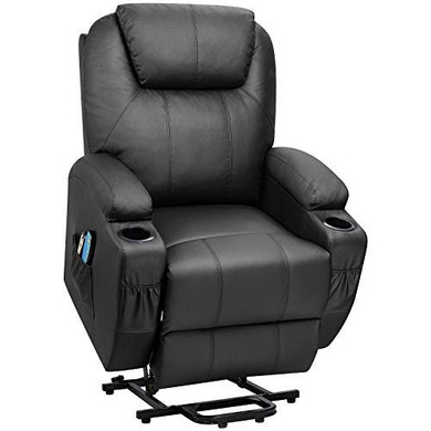 Flamaker Power Lift Recliner Chair PU Leather for Elderly with Massage and Heating Ergonomic Lounge Chair for Living Room Classic Single Sofa with 2 Cup Holders Side Pockets Home Theater Seat (Black)