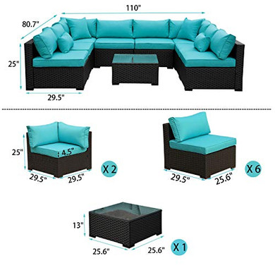 Outdoor Rattan Sectional Sofa - Patio PE Wicker Conversation Furniture Set (9-Piece,Turquoise)