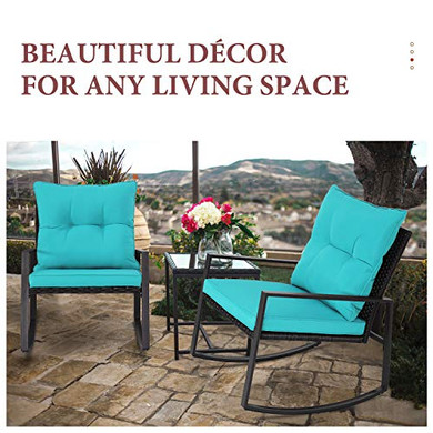 SUNCROWN Outdoor 3-Piece Rocking Bistro Set: Black Wicker Furniture-Two Chairs with Glass Coffee Table (Light Blue Cushion)